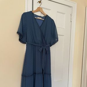 Roolee Boutique wrap midi dress in blue dot